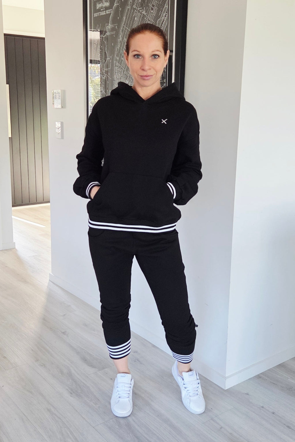 Homelee Alpine Apartment Pants Black with Silver X and Striped Cuff